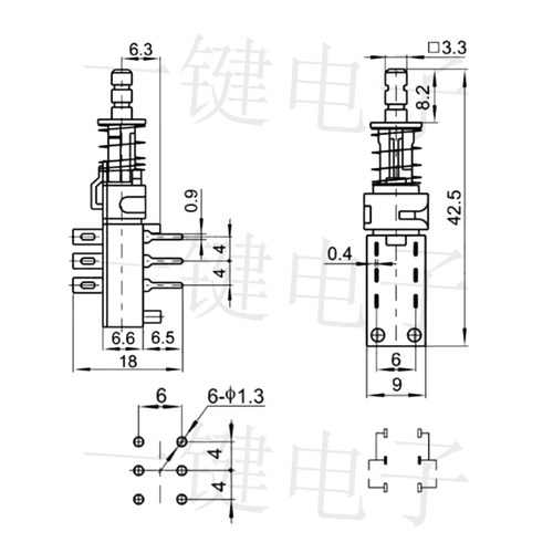 PBS-22H18自/无锁琴键开关 双排6脚 不带支架有孔连接器 KAN-Z2-3 - 图2