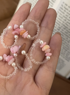 马卡龙粉色彩色珠串弹力戒指少女心气质可爱ins网红小众食指戒