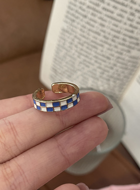 乔治姐姐/日韩棋盘格戒指女小众设计感食指戒开口戒ins风