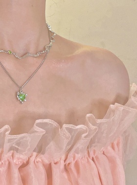 日韩甜酷绿色爱心小众颈链锁骨链