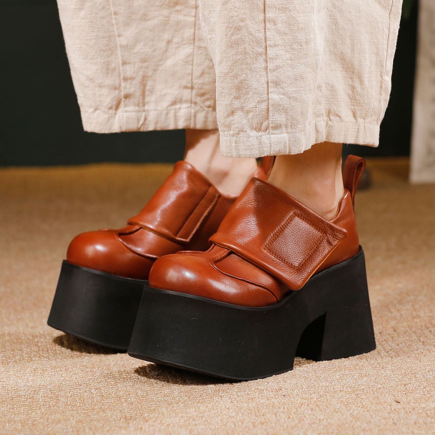 2025秋冬新款头层牛皮小个子复古增高鞋真皮松糕厚底鞋女深口单鞋,淘宝优惠券,粉丝福利购,淘宝优惠卷