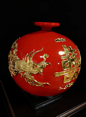 中国红陶瓷龙凤花瓶新婚礼物