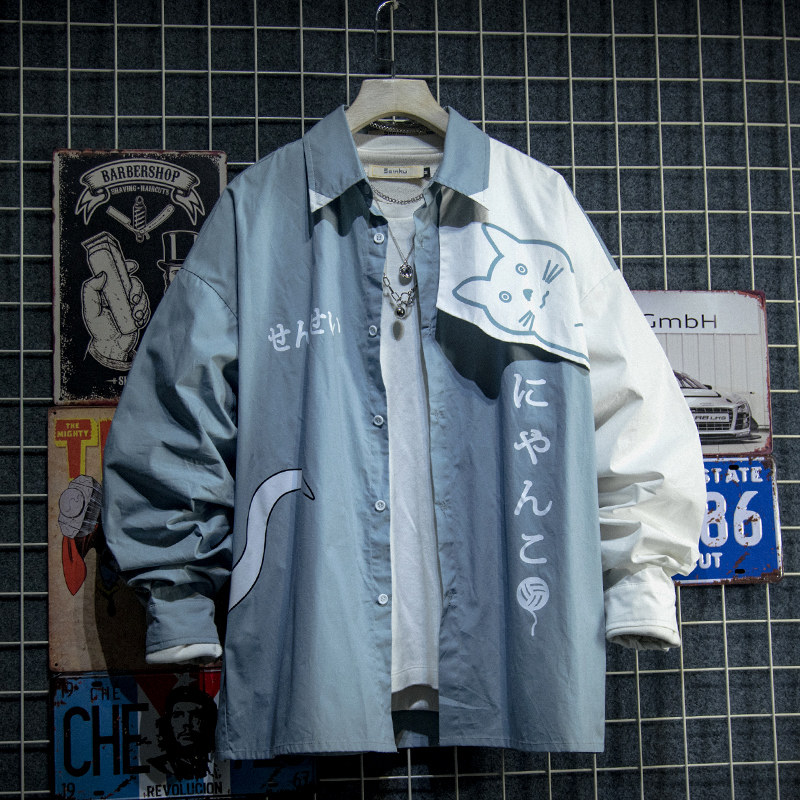 日系潮牌港风青少年宽松拼色男衬衫 soinku潮典衬衫