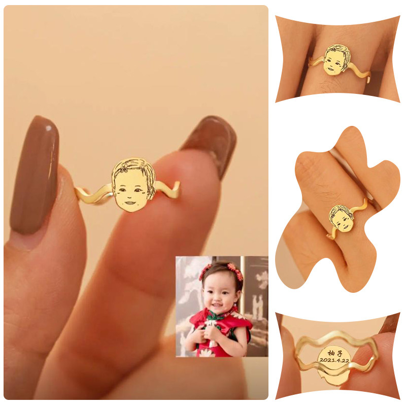 Customized baby portrait ring, parent-child male and female photos, hand-painted private baby sterling silver ring customization