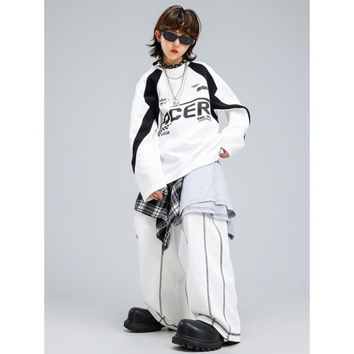 男童街舞儿童潮服白卫衣套装嘻哈运动练功裤男女童少儿帅气演出服 - 图3