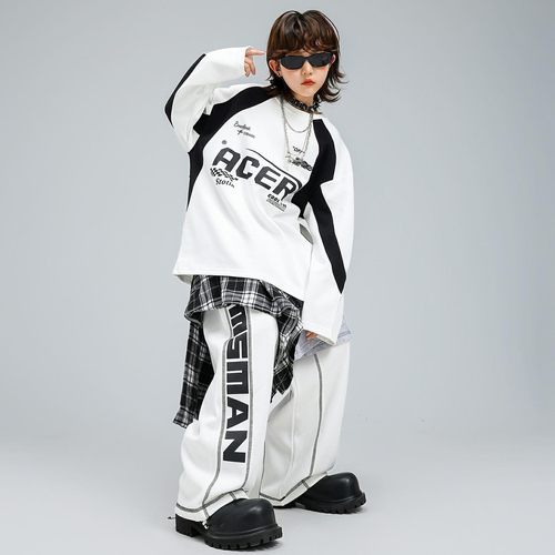 男童街舞儿童潮服白卫衣套装嘻哈运动练功裤男女童少儿帅气演出服 - 图0