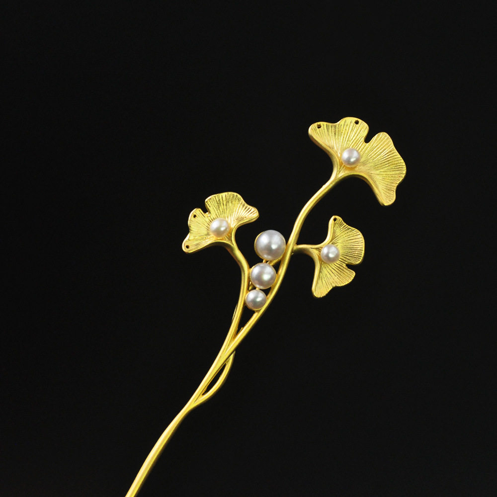 入梦s925纯银珍珠镀金银杏叶发簪子古典风装汉服盘发钗头饰礼品女