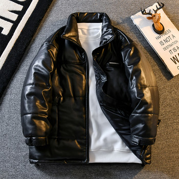 ລະດູຫນາວອາເມລິກາ retro ຫນັງ PU ຝ້າຍເປືອກຫຸ້ມນອກຂອງຜູ້ຊາຍ trendy ຍີ່ຫໍ້ loose cotton jacket winter coat thickened couple bread coat cotton coat