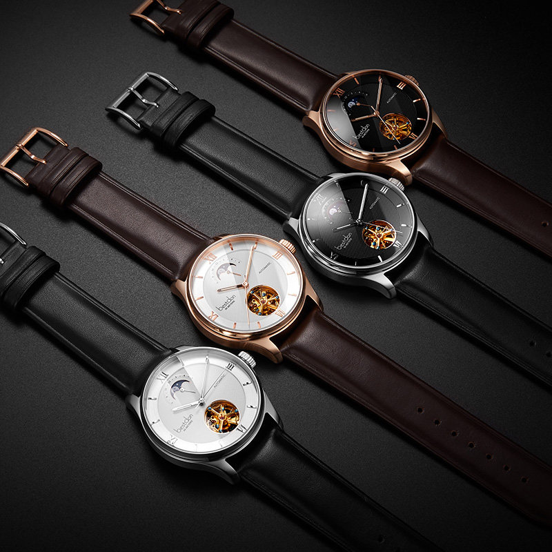 邦顿男士全自动镂空皮带夜光机械表 邦顿骏钰国产腕表