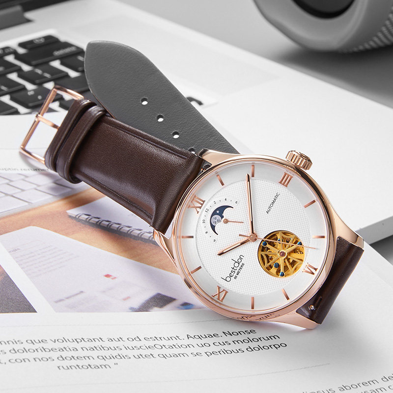 邦顿男士全自动镂空皮带夜光机械表 邦顿骏钰国产腕表