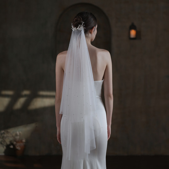 V840复古头饰头纱新娘主婚纱高级感法式双层婚礼珍珠长款头纱白色