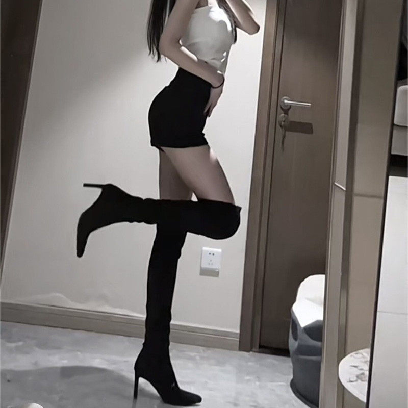 尖头高跟长筒靴女2025秋冬新款显瘦弹力靴高筒绒面55过膝靴瘦瘦靴,淘宝优惠券,粉丝福利购,淘宝优惠卷