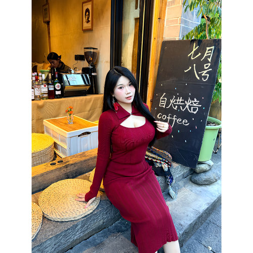醉月衫微胖大码女装新年氛围感穿搭红色连衣裙秋冬裙子修身包臀裙 - 图2