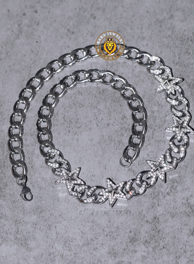 钛钢拼接满钻五角星古巴链男女款