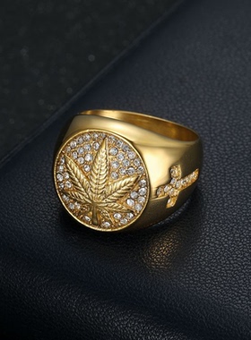 男士嘻哈镶钻枫叶双色钛钢戒指个性时尚潮流欧美潮流指不掉色戒子