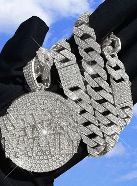 嘻哈粉钻皇冠男士古巴链项链