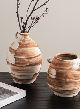 Rzone f侘寂风法式中古陶瓷花瓶复古双耳陶罐民宿花器家居装饰摆