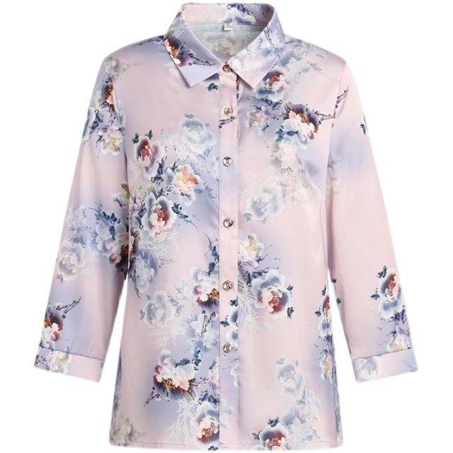 100%Hengyuan Xiangxiang Truth Middle -aged Female Printing Western Slogs Silk Shirt