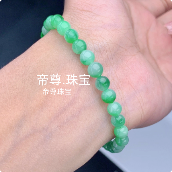 缅甸天然翡翠老坑种冰糯种白冰飘绿花圆珠子玉石手串手链珠宝珠串 - 图3