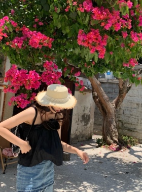 草帽夏季新款女帽子遮阳防晒带子