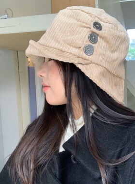 陈奶奶纯棉灯芯绒纽扣渔夫帽子女