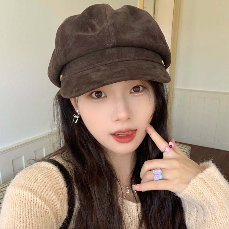 陈奶奶 高品质翻毛皮八角帽子女复古气质百搭贝雷帽报童画家帽新