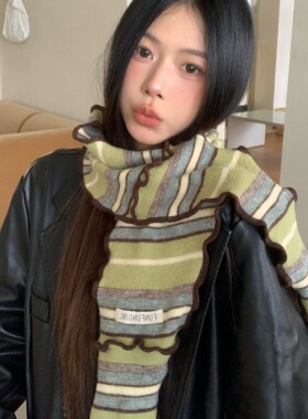 陈奶奶森系木耳边条纹三角披肩女