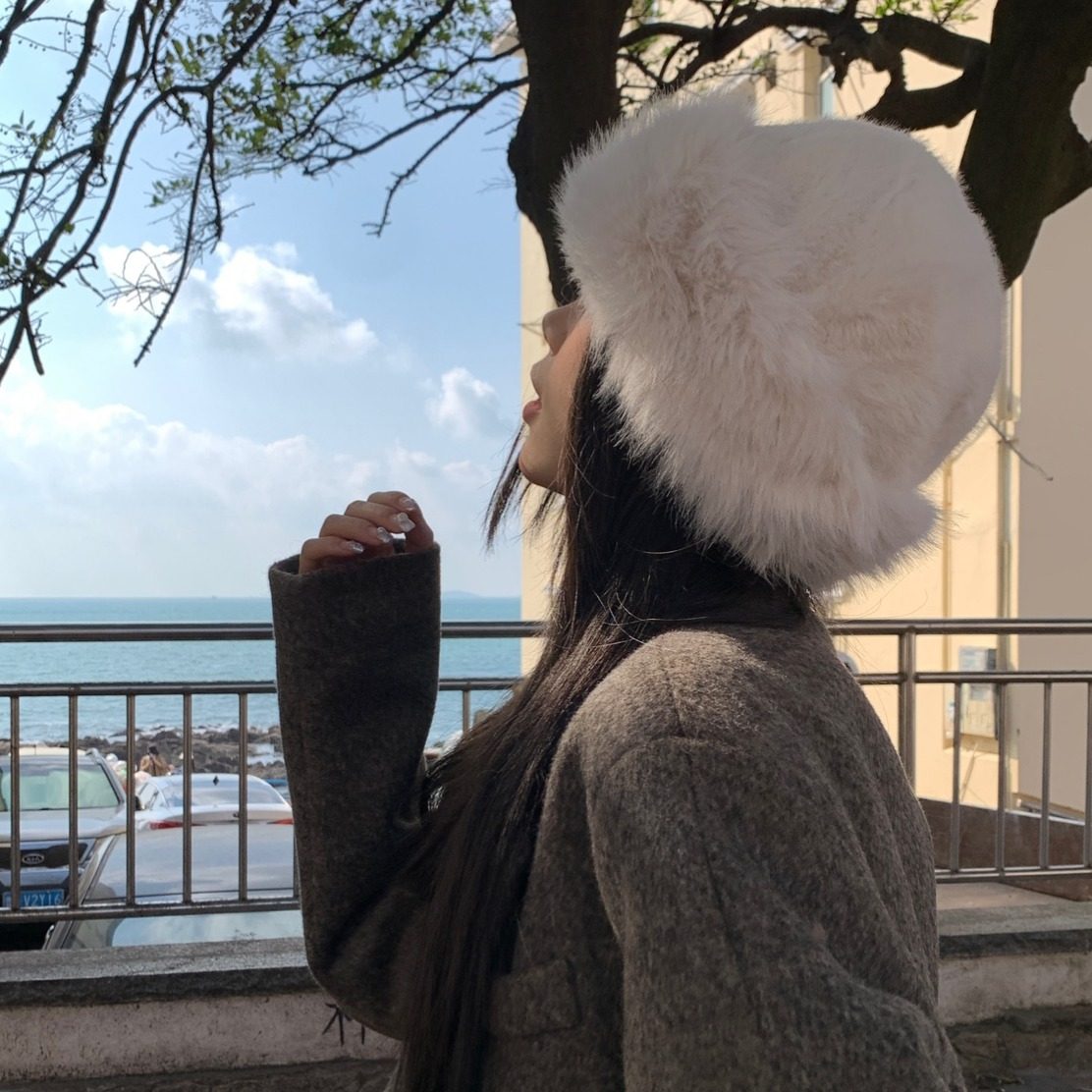 陈奶奶/雪国情书~白色高级感仿貂毛皮草渔夫帽显脸小保暖护耳盆帽,淘宝优惠券,粉丝福利购,淘宝优惠卷