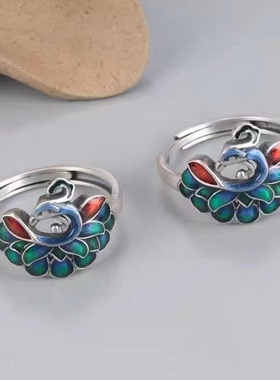 纯银简约个性立体银孔雀戒指