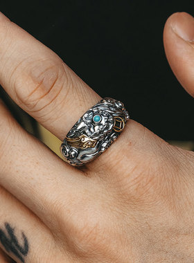 S925纯银立体貔貅戒指男轻奢高级感复古招财原创设计开口男士戒指