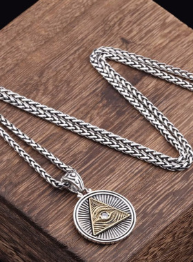 新款荷鲁斯上帝之眼仿纯银吊坠男士项链复古做旧圆牌硬币朋克项坠