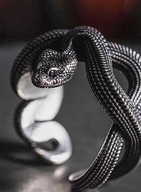 黑暗系列~灵蛇小众原创设计仿925纯银蛇戒指男可调节中性潮流个性