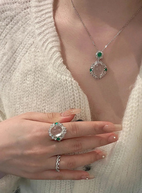 新中式国风仿天然冰透绿玉髓灰玛瑙白玉满钻气质豪镶蛋面吊坠项链