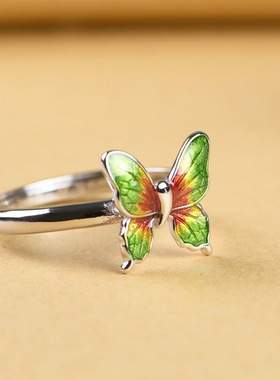 S925纯银招财转运珐琅锦蝴蝶戒指