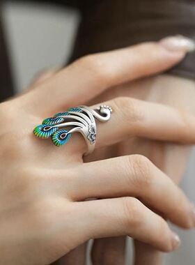 新中式国风孔雀戒指女小众设计珐琅彩民族风文艺复古国潮食指戒女