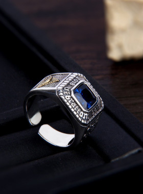 复古时尚蓝锆石上帝之眼戒指男士欧美个性潮流嘻哈潮牌开口食指环