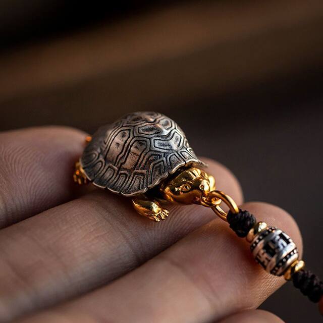 S925 sterling silver rich armor square dragon turtle mobile phone chain pendant men and women pendant hand-woven rope turtle small pendant
