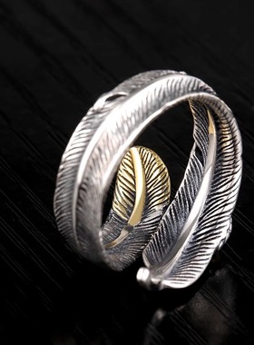 S925纯银凤凰の羽毛戒指潮牌小众设计复古印第安人嘻哈朋克风戒指