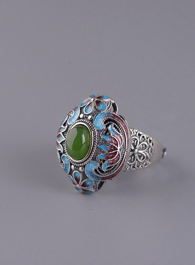 南红玛瑙烧蓝花纹s925银戒指女