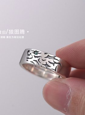新款狼图腾仿纯银戒指男士潮牌个性ins复古做旧指环时尚简约饰品