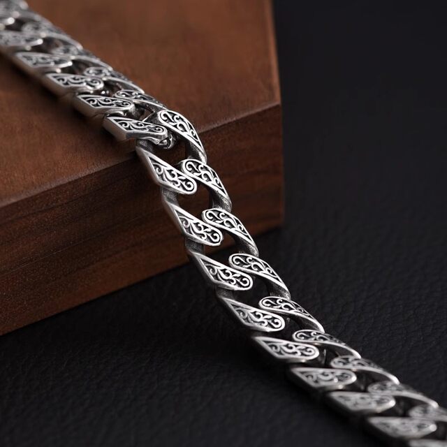 925 silver Cuban collar bracelet men's retro niche Tang grass pattern hip-hop versatile trendy high-end boys' hand jewelry
