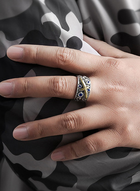 新款星空蓝戒指男单身霸气潮人男士个性泰银复古开口加宽韩版潮男