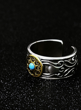 复古仿纯银戒指男蓝松石花瓣英伦风做旧个性男潮宽版霸气开口指环