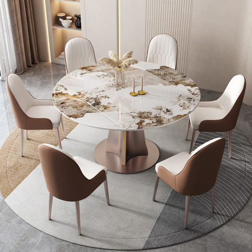 潘多拉岩板餐桌意式轻奢家用小户型旋转可伸缩多功能折叠可变圆桌