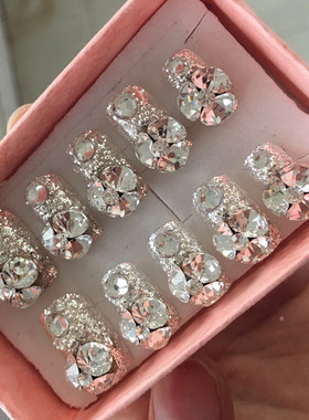 穿戴甲手工定制假指甲成品美甲成品新娘甲穿戴随时摘戴银立体钻