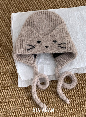 冬季女款猫耳加绒保暖护耳针织帽