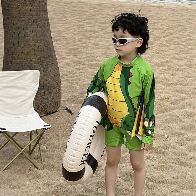 Boys Swimsuit 2026 One-piece Sunscreen Long Sleeve Dinosaur Cute Cartoon Children Hot Spring Swimsuit Swimwear Vacation