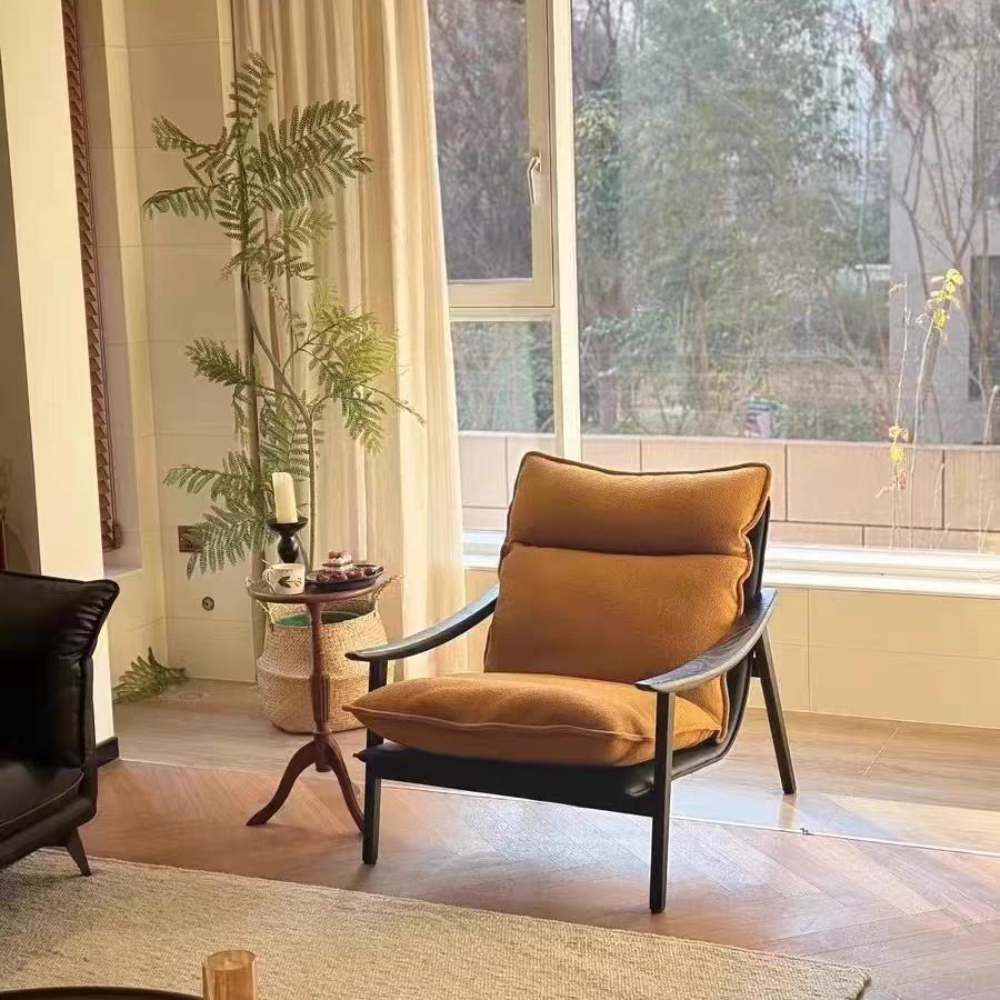 新款中古风单人沙发椅复古羊羔绒可拆洗客厅阳台实木休闲椅子 - 图2