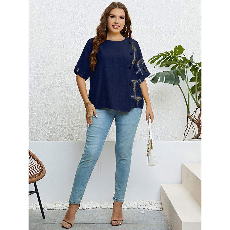 Summer Casual Top for Women Plus Size Round Neck Blouse-图2