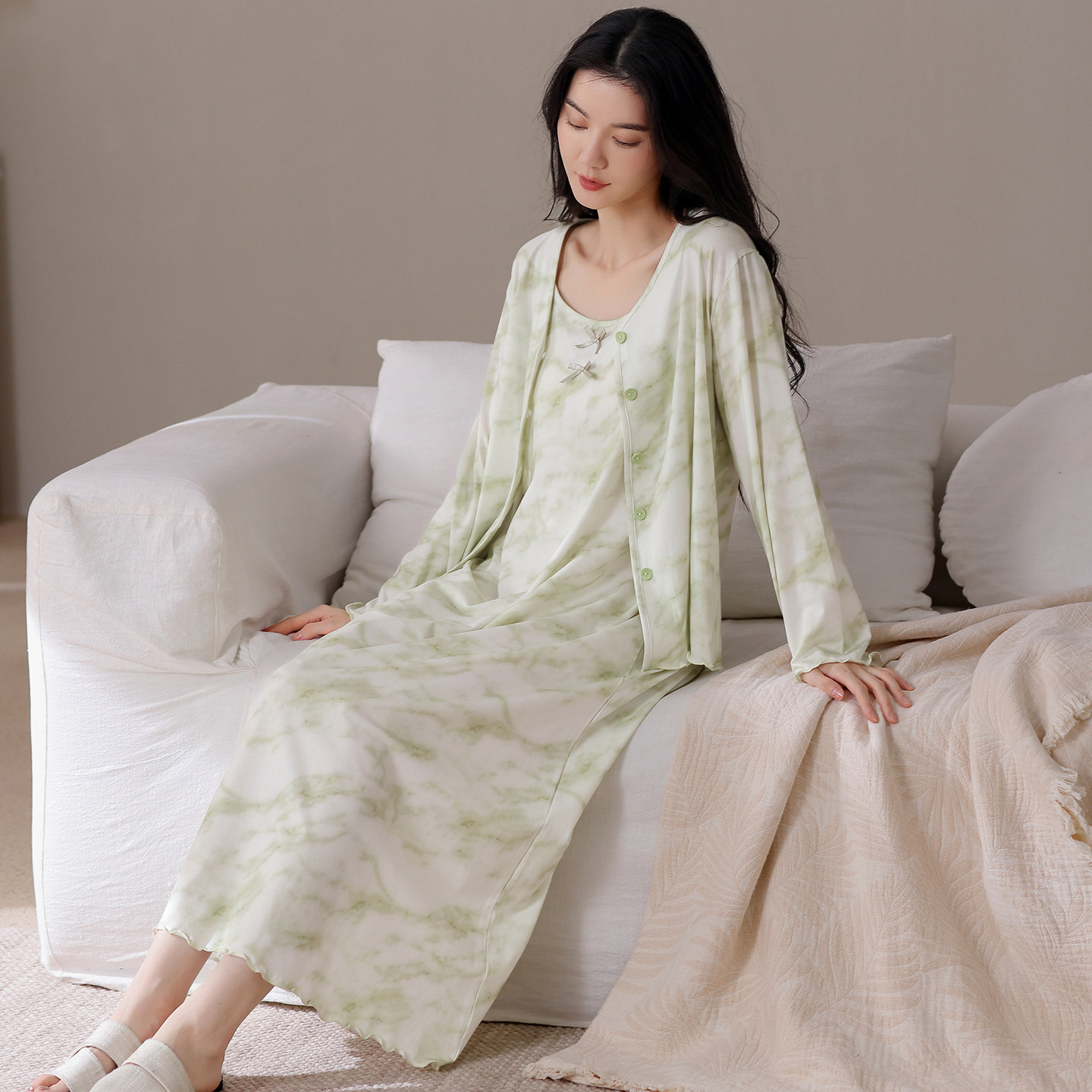 轻奢风睡袍套装吊带睡裙女春季新款两件套可外穿开衫中长裙女睡衣,淘宝优惠券,粉丝福利购,淘宝优惠卷